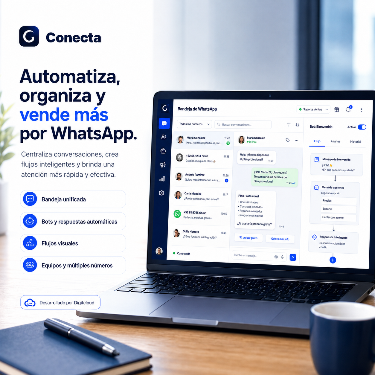 Conecta: automatización, bandeja unificada y atención por WhatsApp