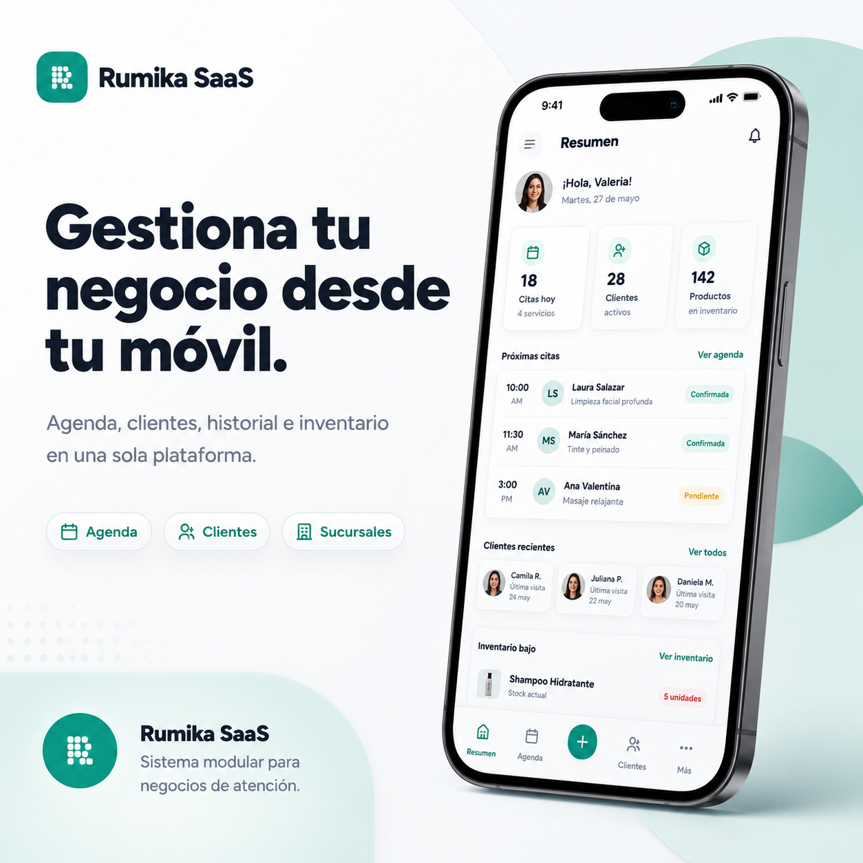 Rumika SaaS gestionando agenda, clientes e inventario desde el móvil